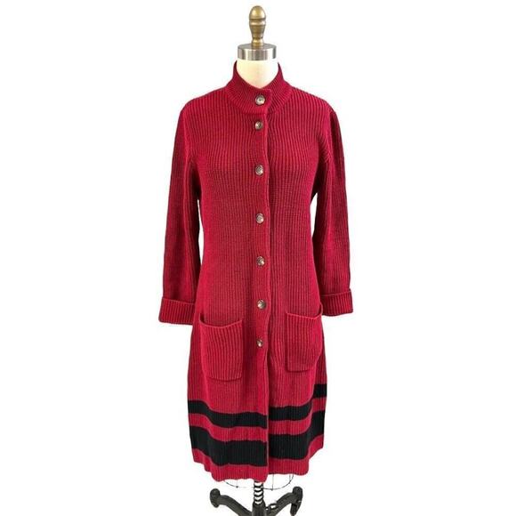 LRL Ralph Lauren Red Cotton Knit Cardigan Sweater Coat Striped Duster Sz M NWOT - Picture 1 of 5